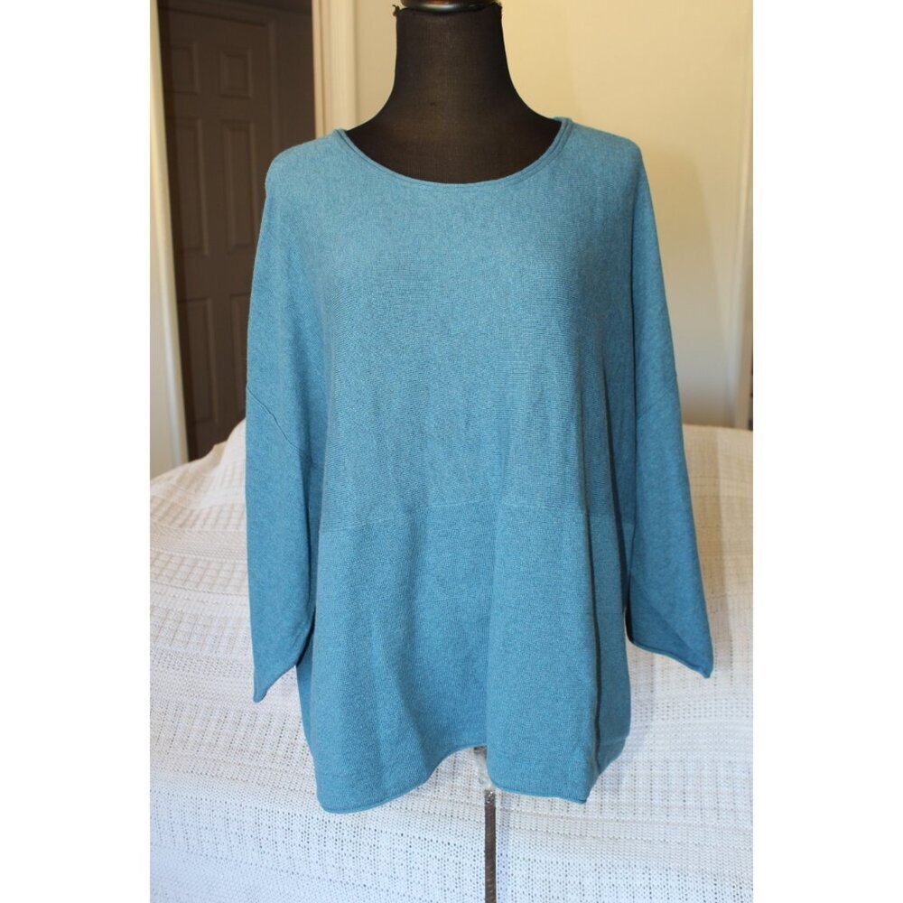 Pure Jill Kimono Top Blue Size L Cotton & Cashmere Lagenlook Travel Long Sleeves